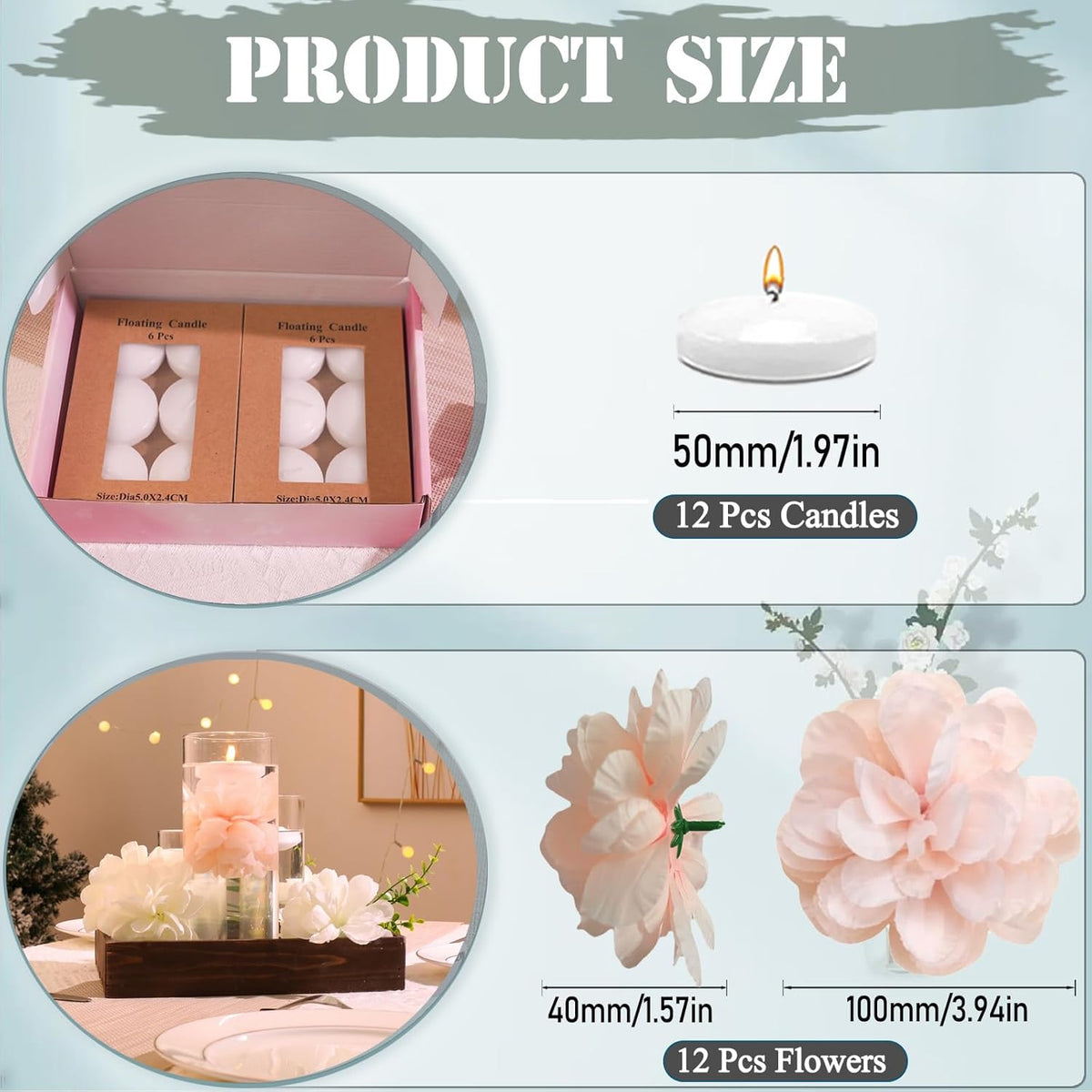 24 Pcs Floating Candles for Centerpieces and Floating Flowers Artificial Flowers Head Vase Filler