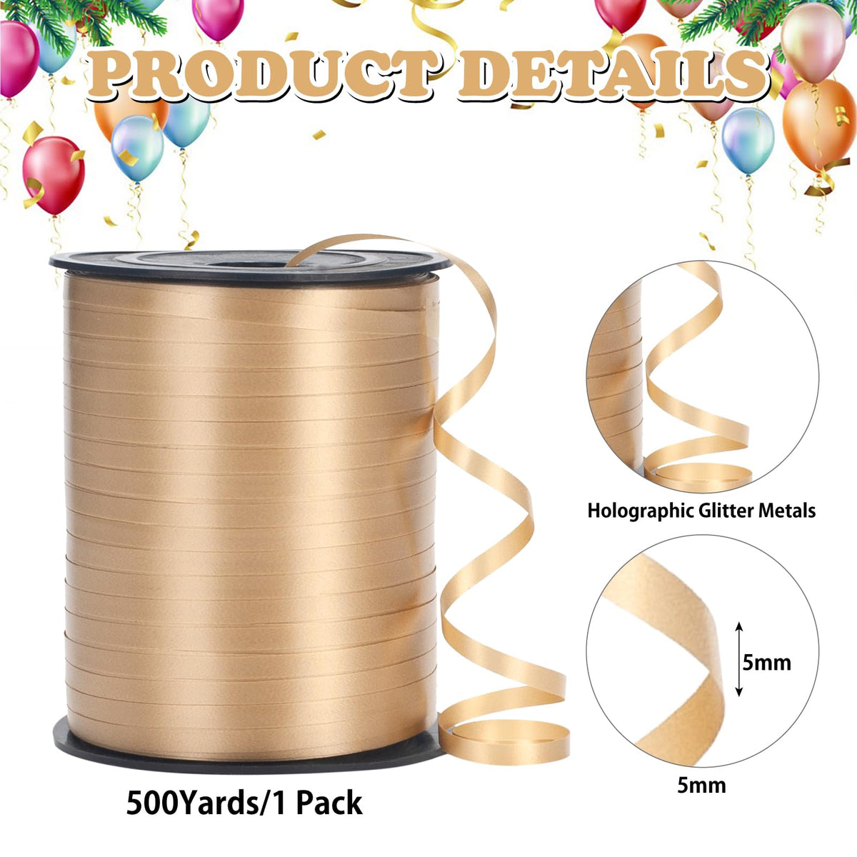 MOTYAWN 500 Yard Gold Curling Ribbon, 3/16" Thin Balloon Ribbon String, Ideal for Gift Wrapping