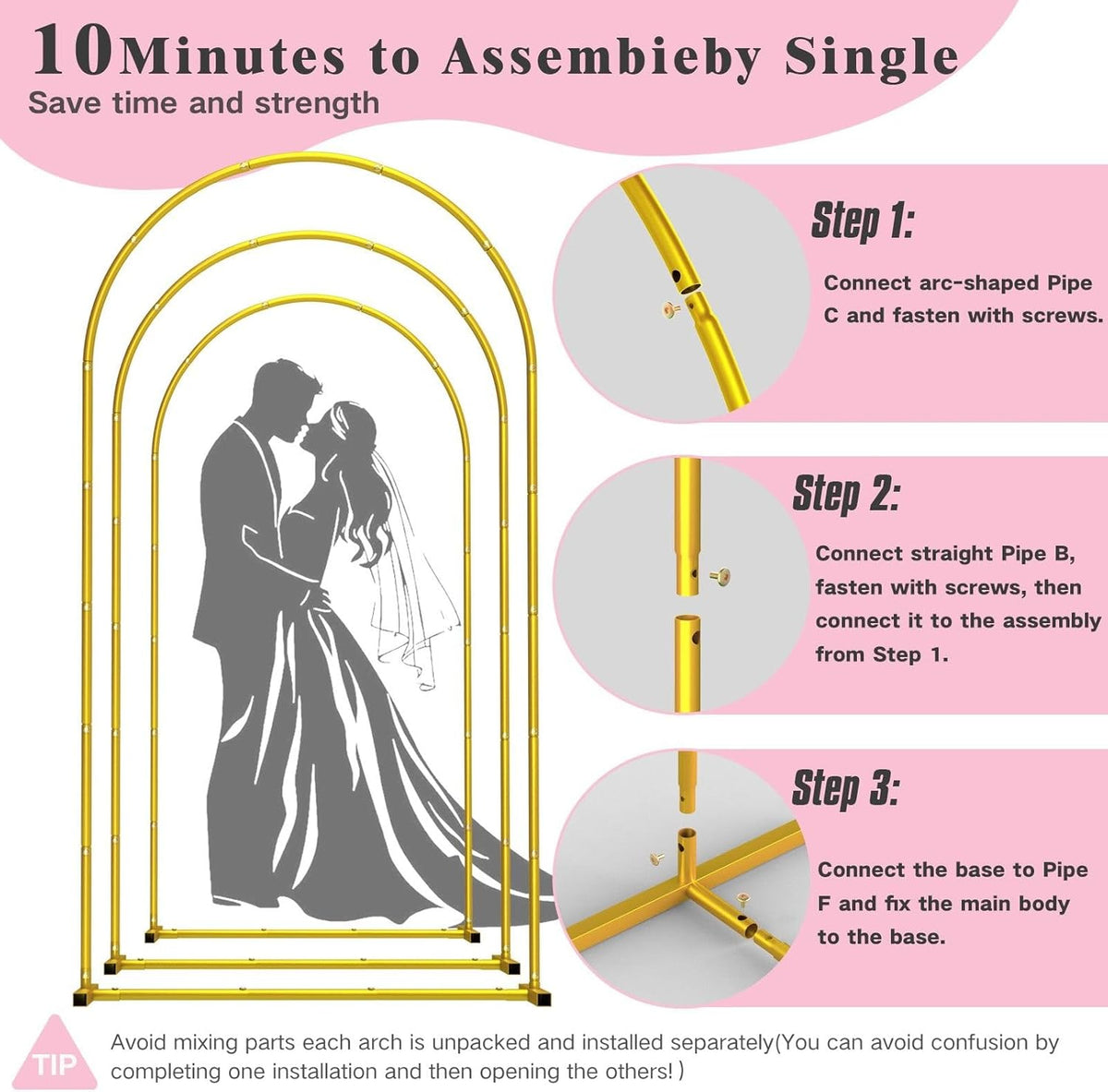Metal Arch Backdrop Stand ,Set of 3 (7.2 ft/6.6 ft/6 ft) Square Wedding Arch Frame ，Gold Balloon