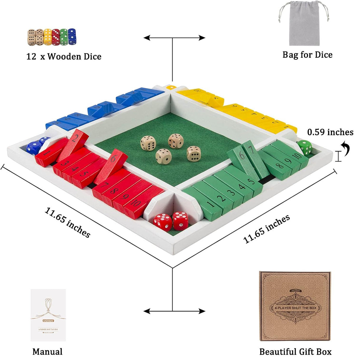 AMEROUS Shut The Box Dice Game-12 inches-Colorful Design-1-4 Players-12 Dice-Gift Package, Classic