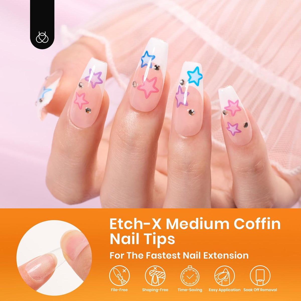 Beetles Gel Nail Tips Medium Coffin Etch X Nail Tips, 12 Sizes 288Pcs Pre Shaped Half Matte Press