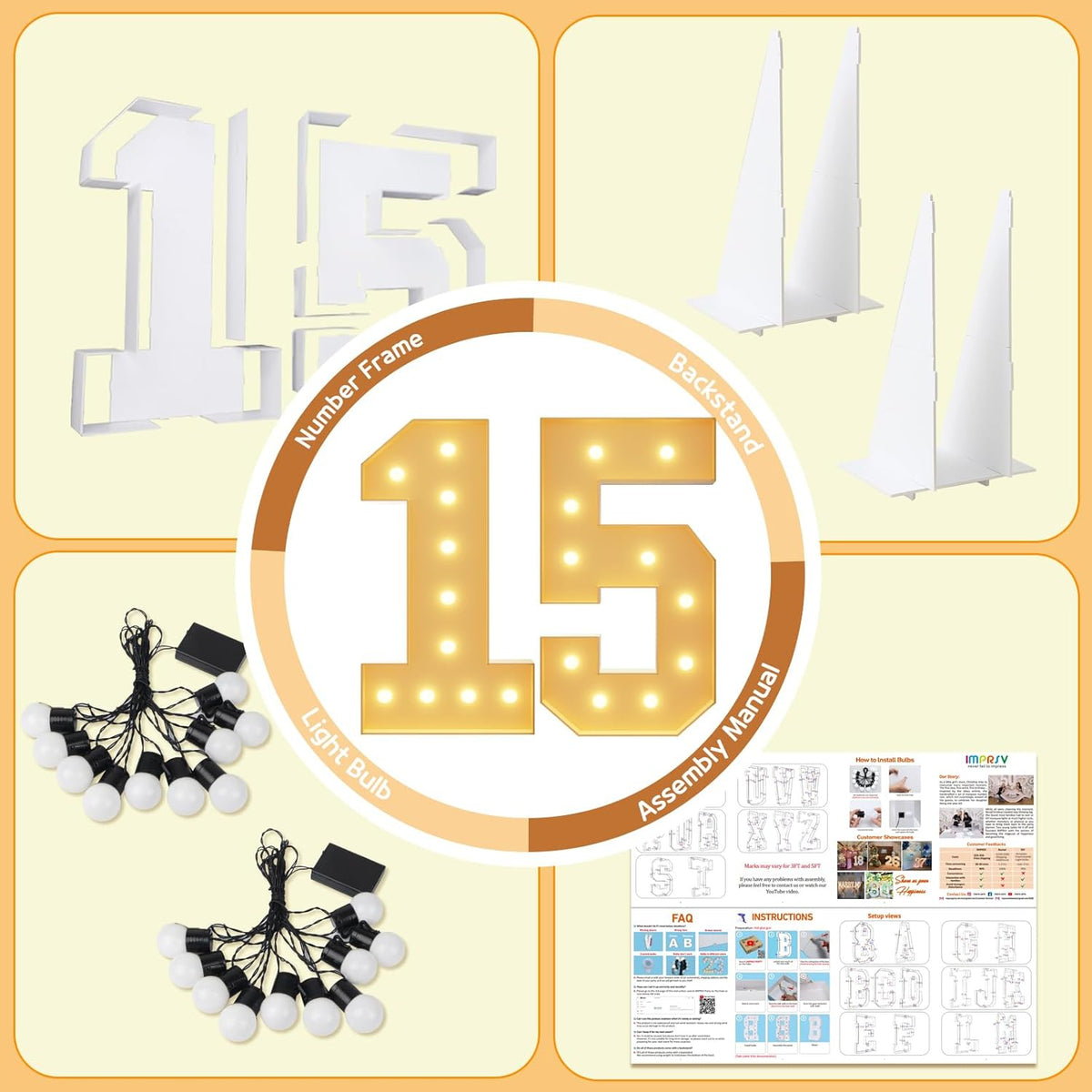 imprsv 4FT Light Up Numbers, Marquee Numbers 15th Birthday Decorations for Girls Boys, Large Light