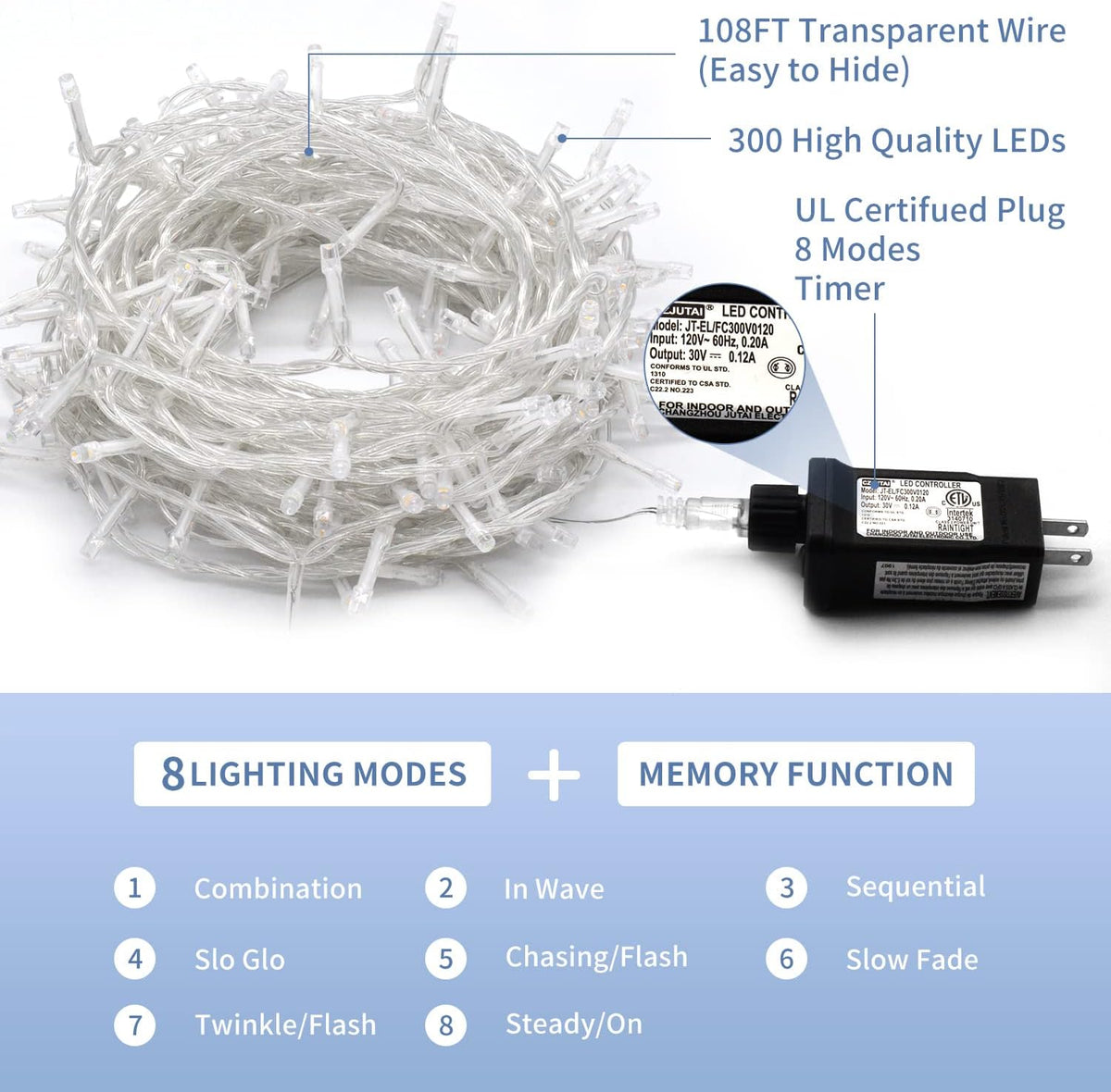 JMEXSUSS 300 LED Christmas Lights Clear Wire, 8 Modes White Christmas String Lights for Tree