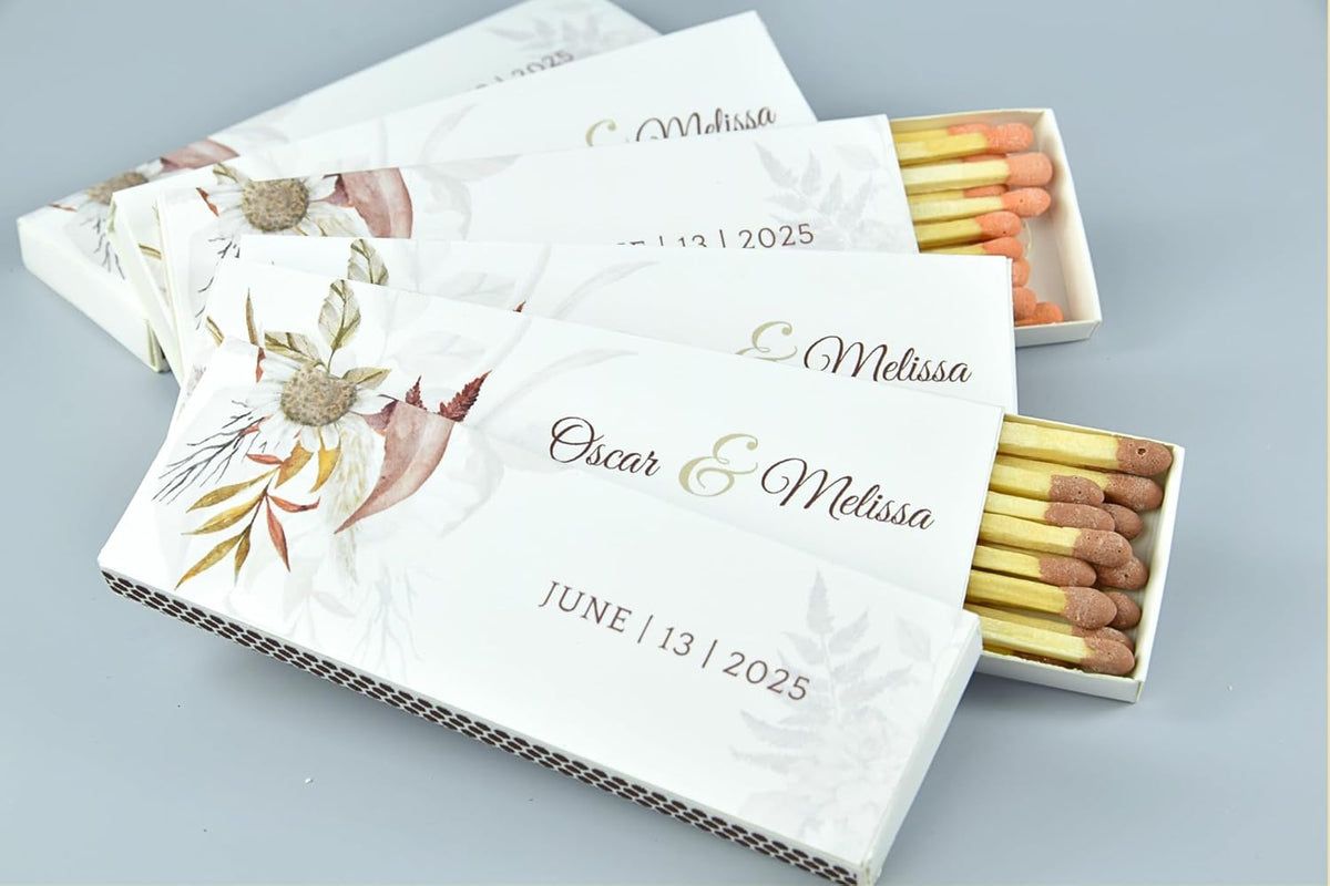 10 Boxes - Customized Matchboxes Colorful Tips (Wedding Design #5, 4" Matchboxes) (4" Matchsticks