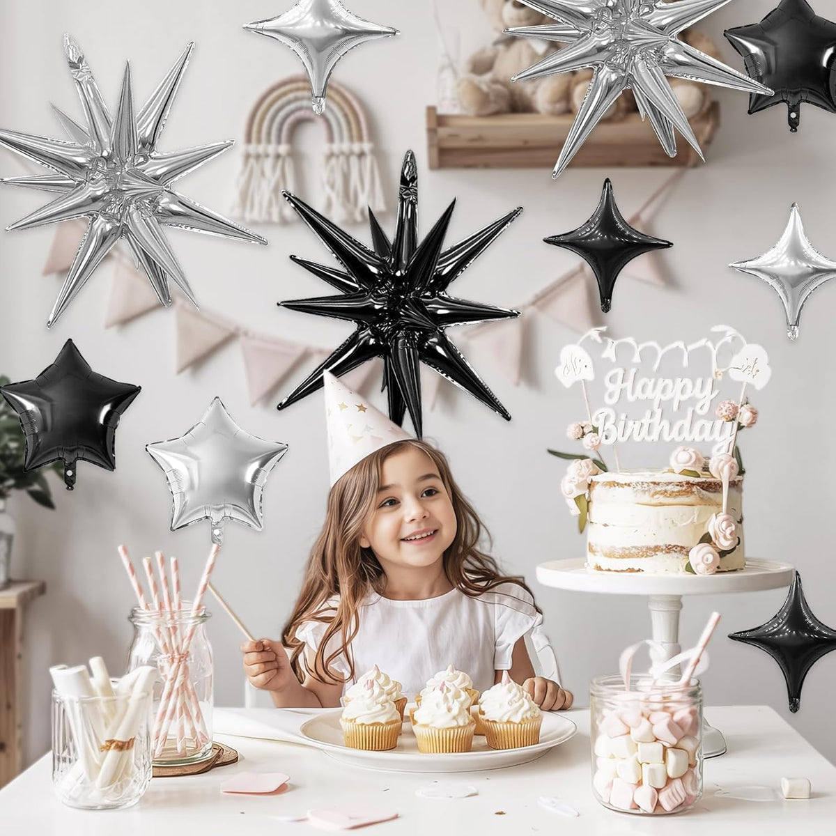 Black Silver Star Balloon,16Pcs Star Foil Balloons Set with 22Inch Explosion Spike Cone Balloons