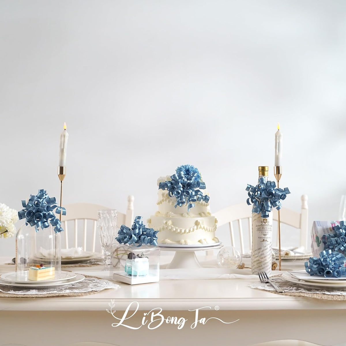 5'' Dusty Blue Bows Curly Ribbon Bows for Gift Wrapping, Satin Bows with Double-Sided Tape, Self