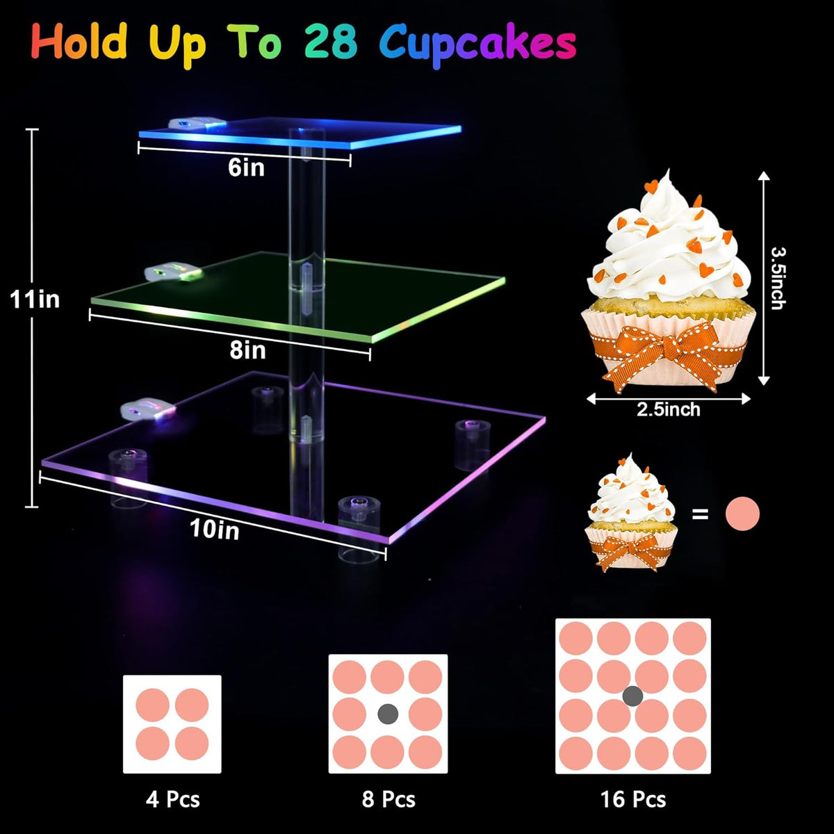 Cupcake Stand for 24 Cupcakes, 3 Tier Cupcake Holder with Rechargeable LED, 7 Colors Light Cupcake