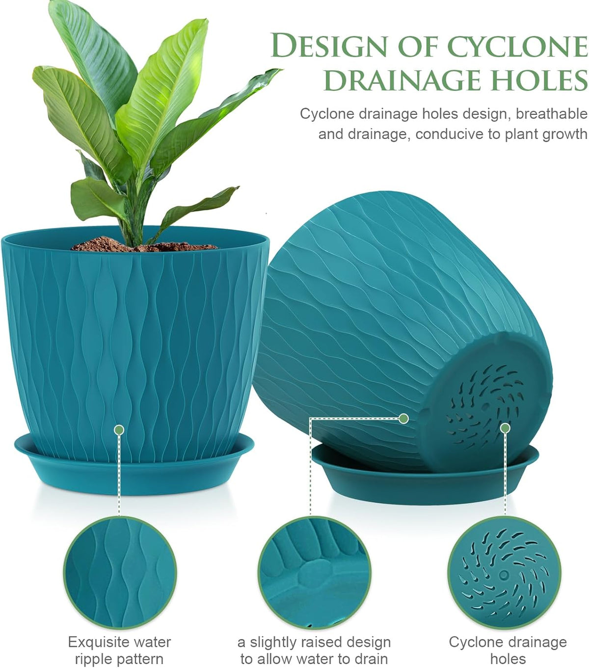7 inch Flower Pots, 5 Pack Plant Pots with Drainage Holes and Saucers for Indoor Plants, Plastic