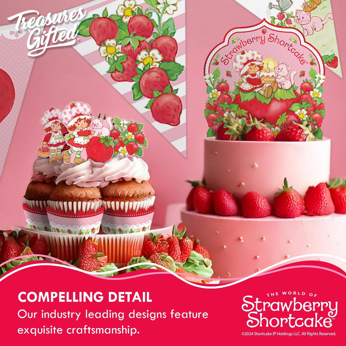 Treasures Gifted Officially Licensed Strawberry Shortcake Cake Decorations - 24 Cupcake Toppers &