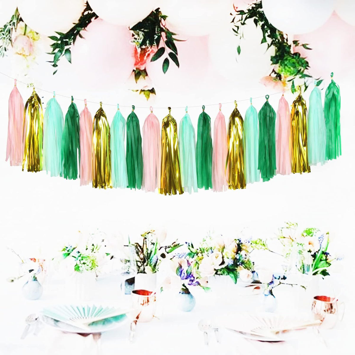 Sage-Green Pink-Gold Party-Decorations Tassel Garland - 20pcs Bachelorette Engagement Baby Bridal