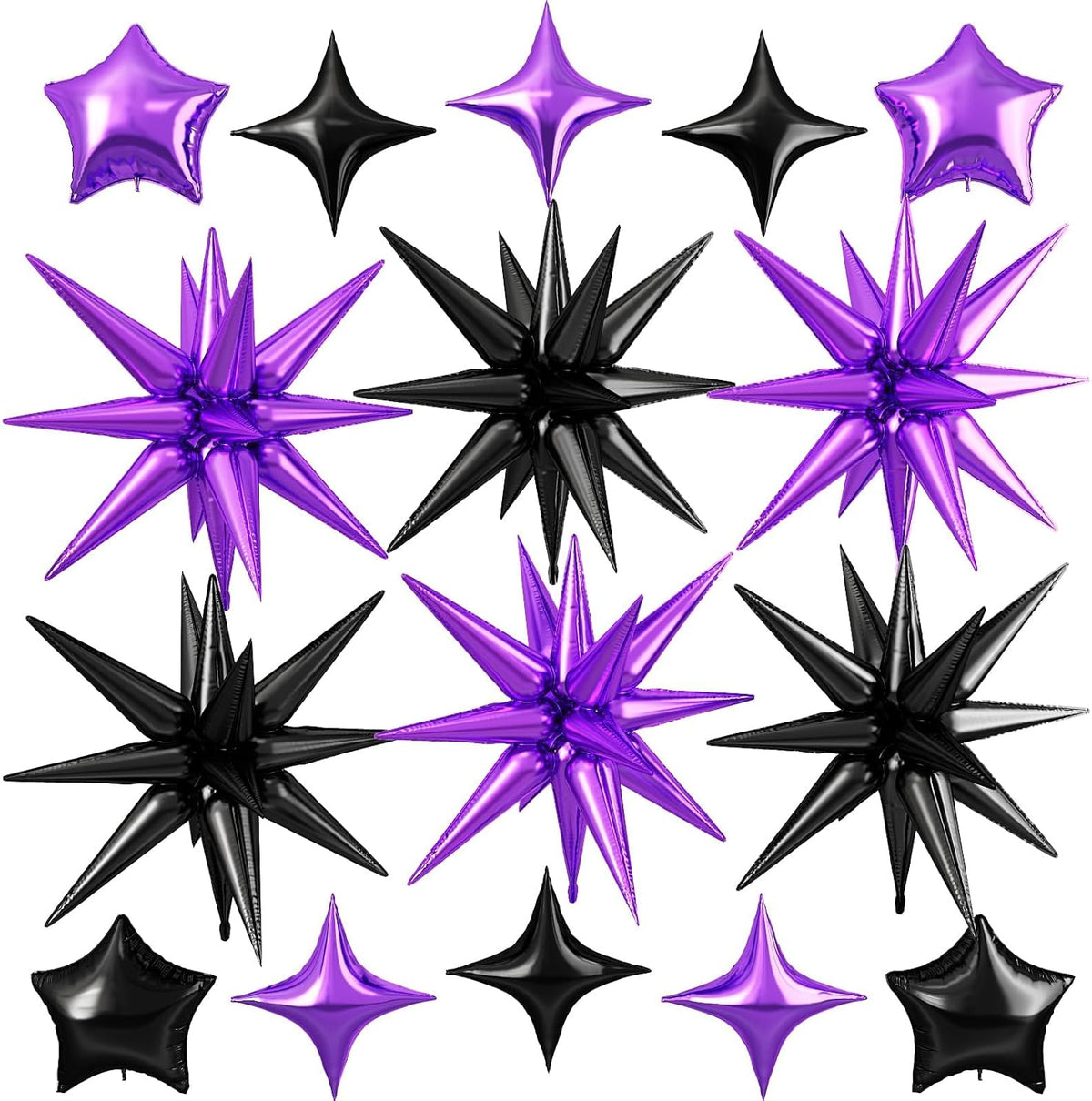 Purple Black Star Balloon,16Pcs Star Foil Balloons Set with 22Inch Explosion Spike Cone Balloons