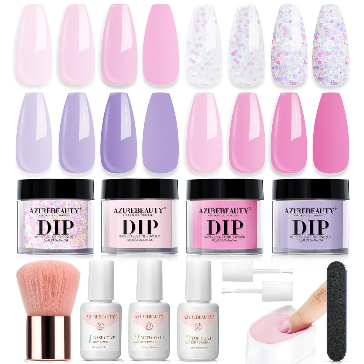 AZUREBEAUTY Dip Powder Nail Kit Starter, Pastel Lavender Pink Glitter, 4 Colors Spring Summer