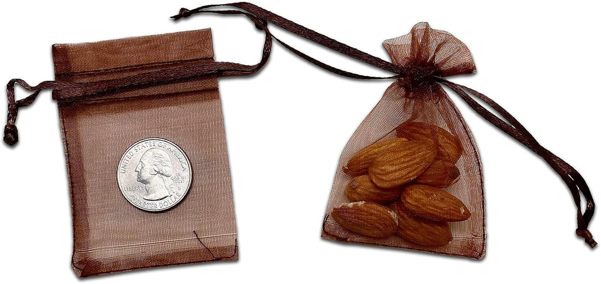 TheDisplayGuys 48-Pack 2" x 2-3/4" Brown Sheer Organza Gift Bags with Drawstring, Goodie Bags for