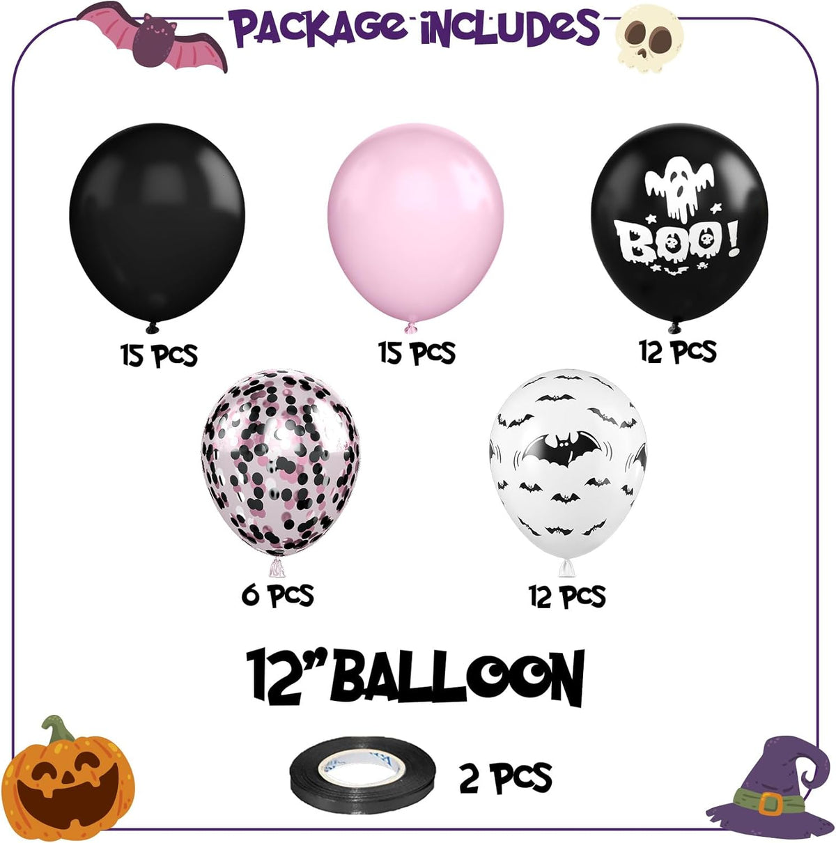 FunHot Halloween Party Balloons, 60Pcs Pink Black Halloween Balloon, 12 Inch Black Pink Confetti