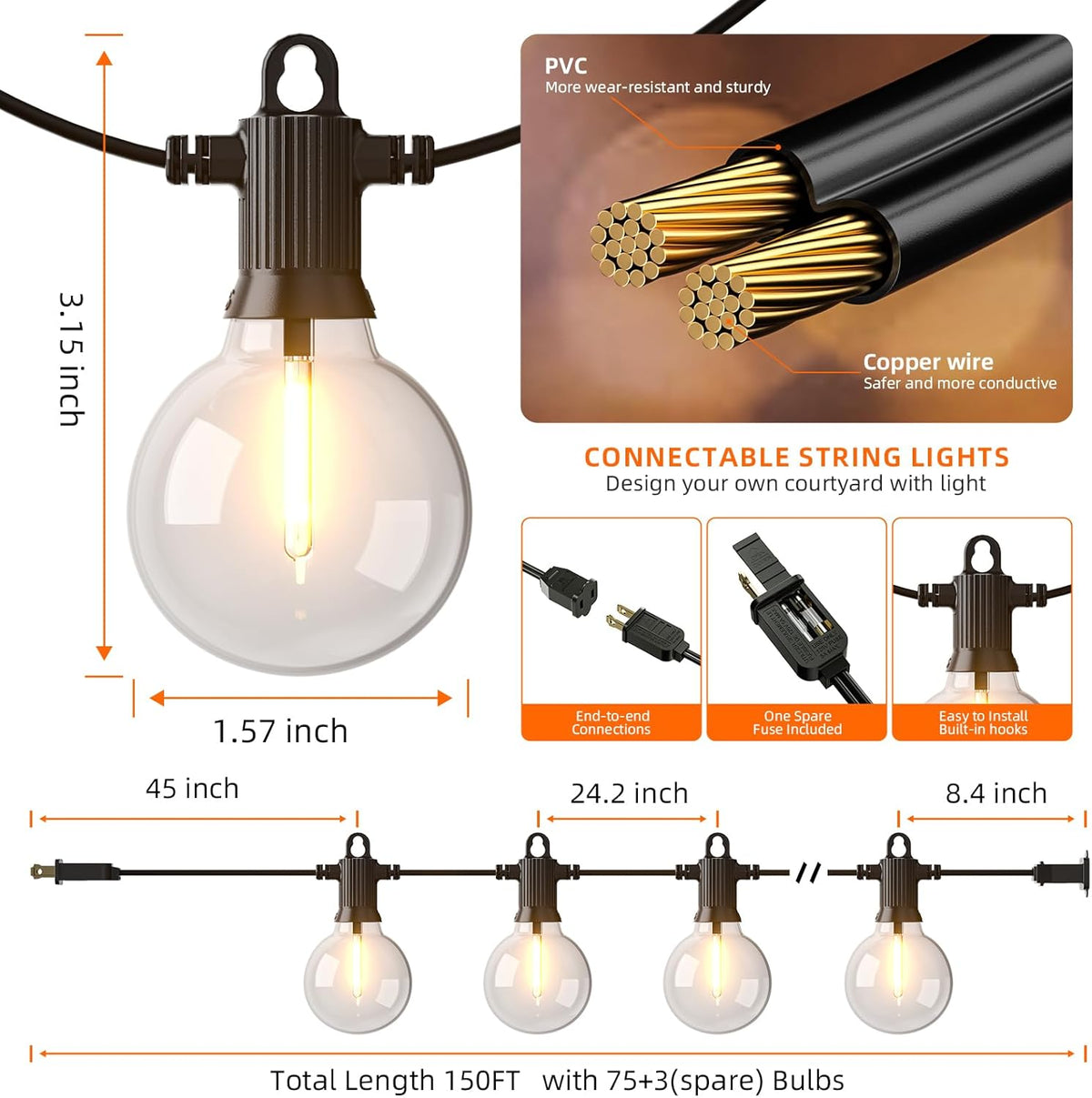 Kawaya String Lights for Outside,150FT LED Outdoor String Lights Waterproof Patio Lights with 72+3