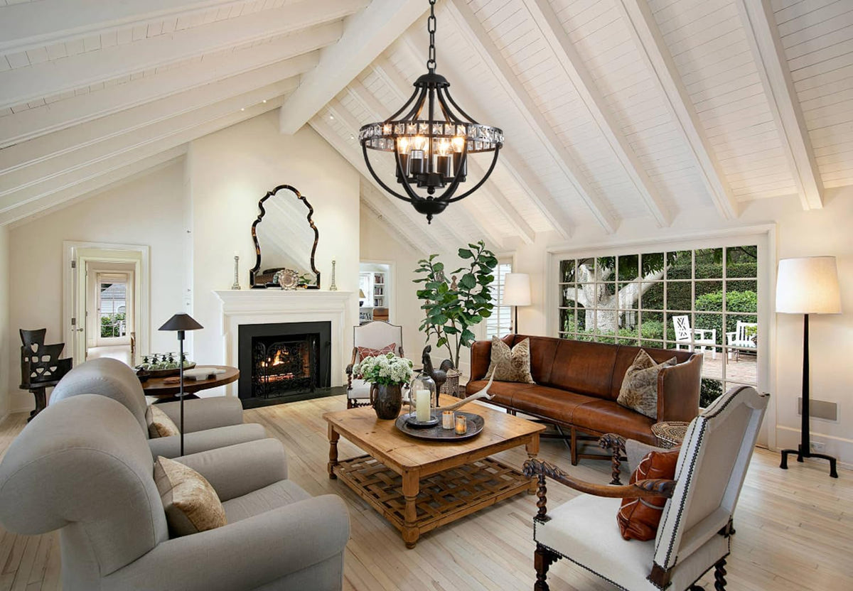 Farmhouse Crystal Ceiling Hanging Chandelier,16inch Black Rustic Vintage Pendant Light Fixture for