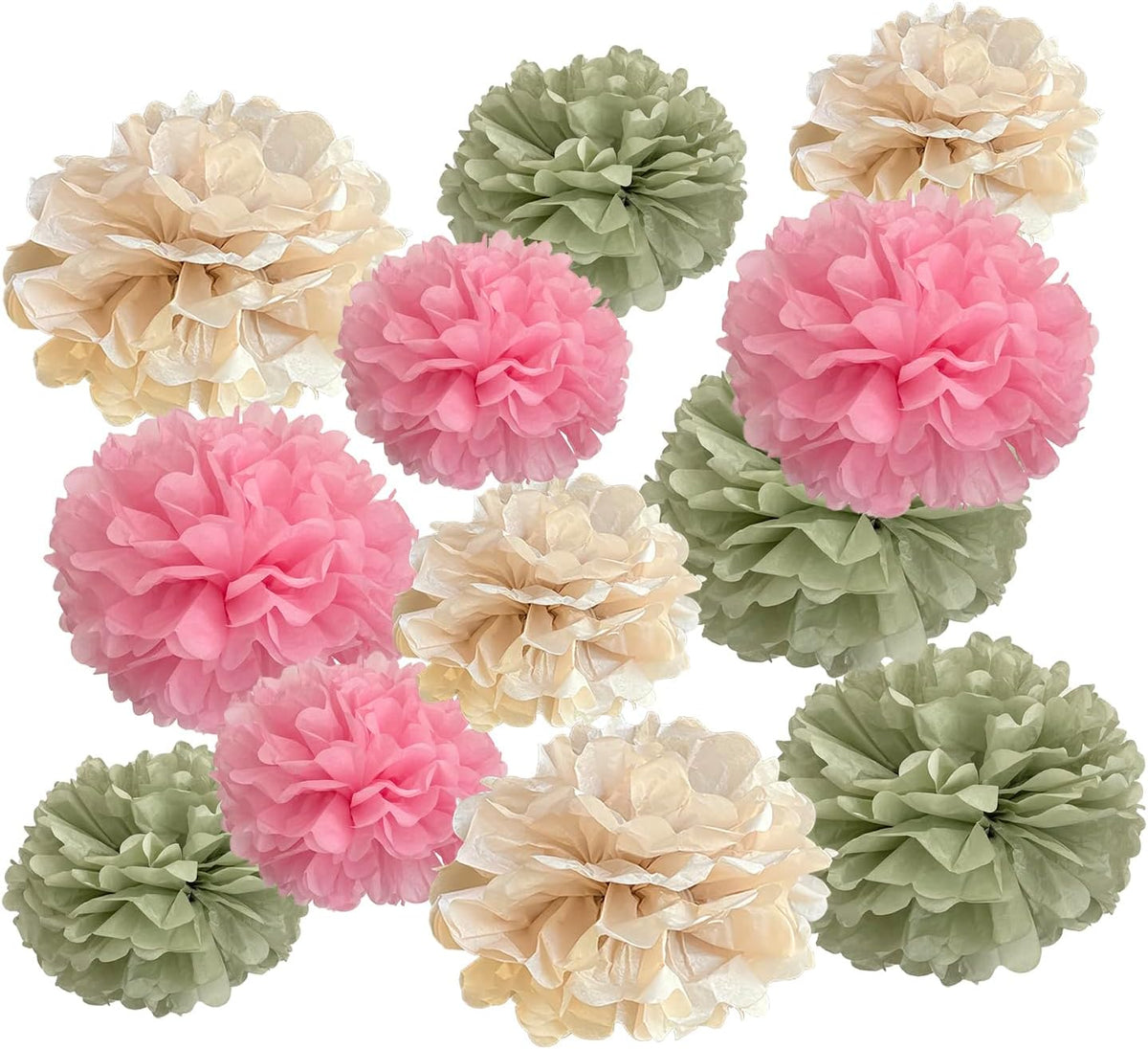 ZOOYOO Sage Green Tissue Paper Pom Poms Decorations, 12 PCS Pink Green Birthday Baby Shower Decor