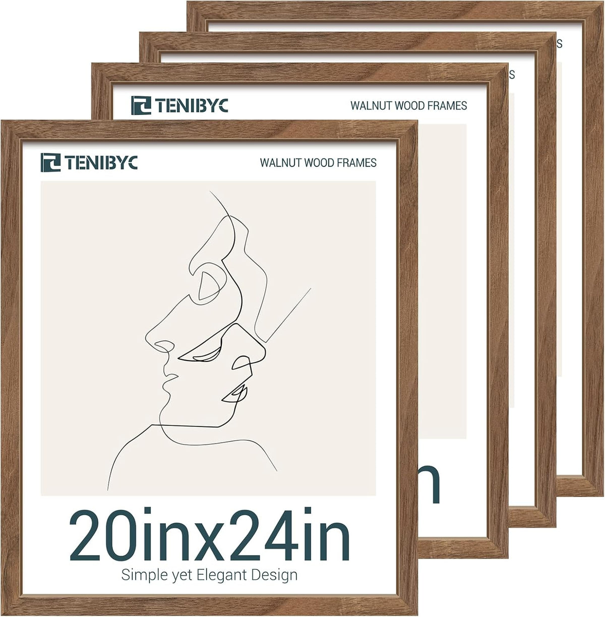 20x24 Picture Frame 4 Pack, Brown Walnut Wood Poster Frame, Horizontal and Vertical Display, Wall