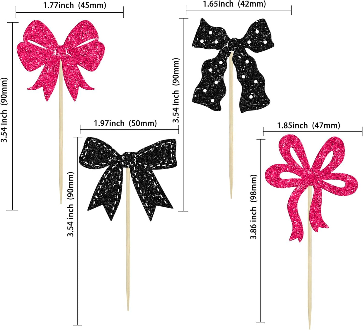 Ephlyn 24Pcs Pink Bow Cupcake Toppers Bow Birthday Cake Topper Girls Birthday Party Decorations