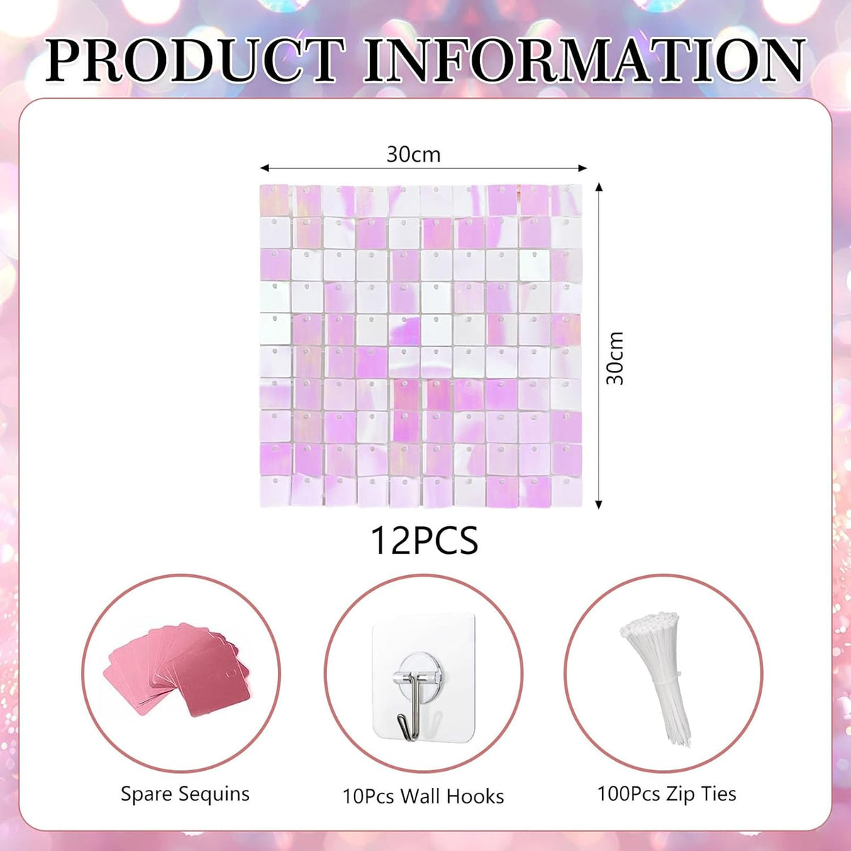 12PCS Colorful Light Pink Shimmer Wall Backdrop, Square Sequin Photo Backdrops Panel, Glitter Wall