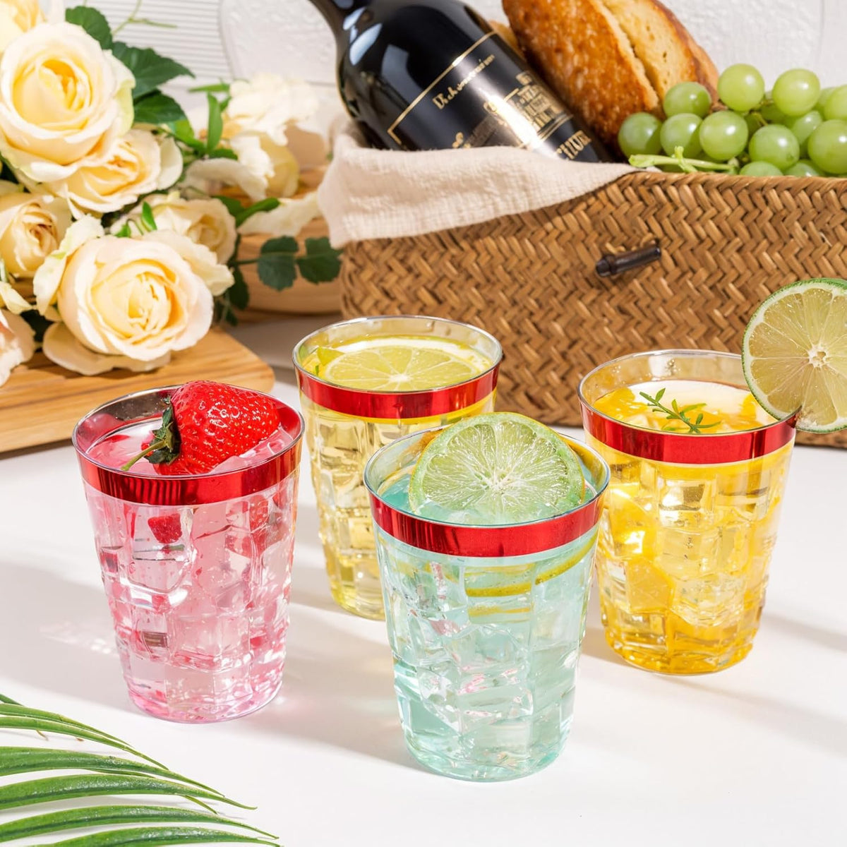 DaYammi 100 Pack Red Plastic Cups 10 Oz Clear Red Rimmed Plastic Cups for Party Fancy Disposable