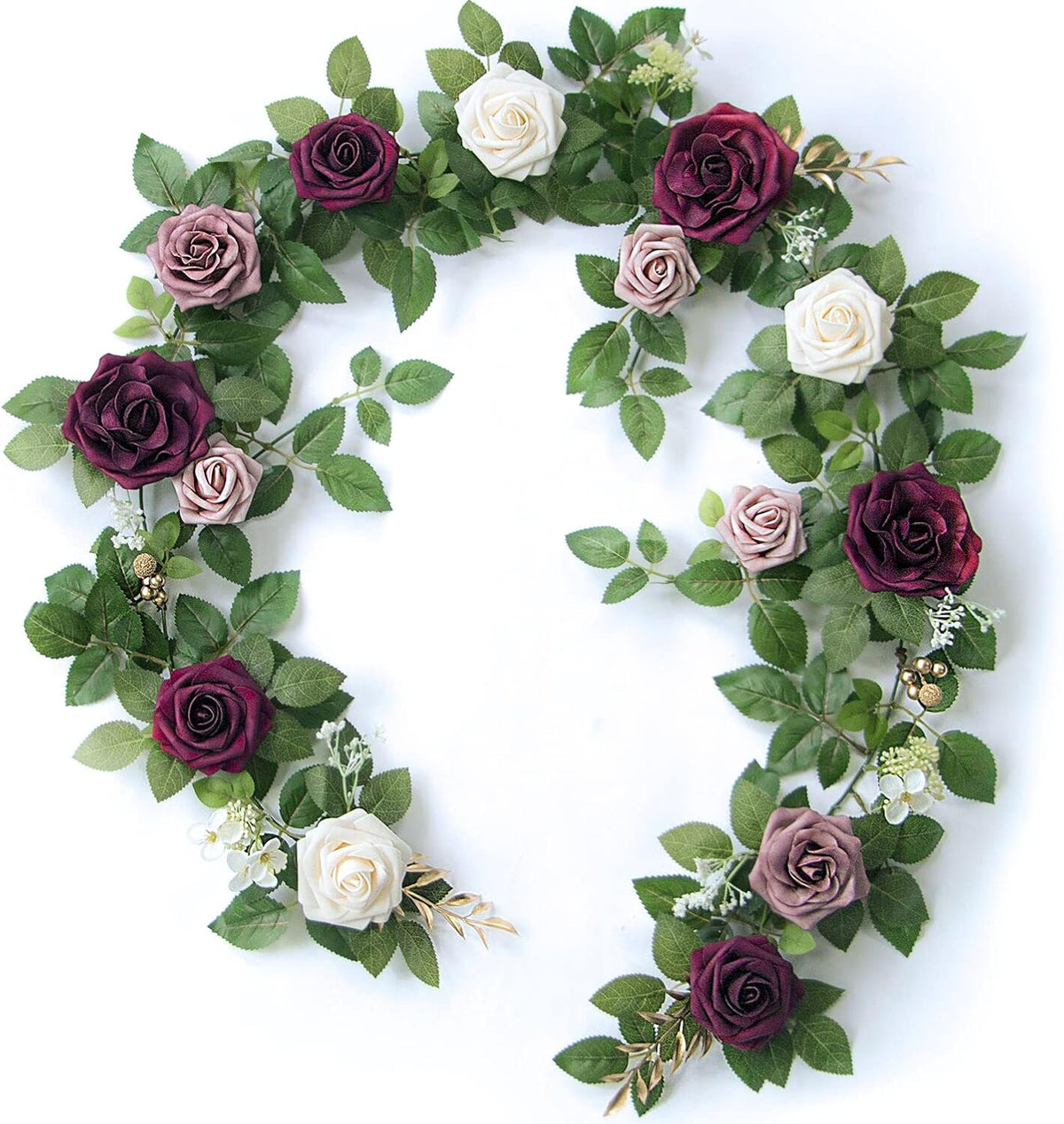 PONATIA 5FT Handcrafted Burgundy Artificial Rose Garland, Dusty Rose Flowers for Wedding Ceremony