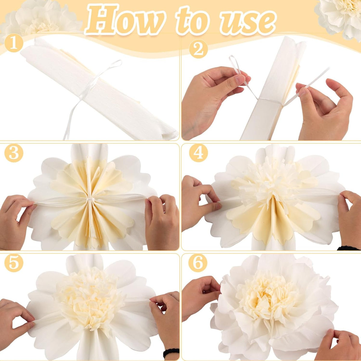 SUNBEAUTY 6 Pcs White Giant Paper Flowers Decorations 12" Large Tissue Artificial Crepe Paper