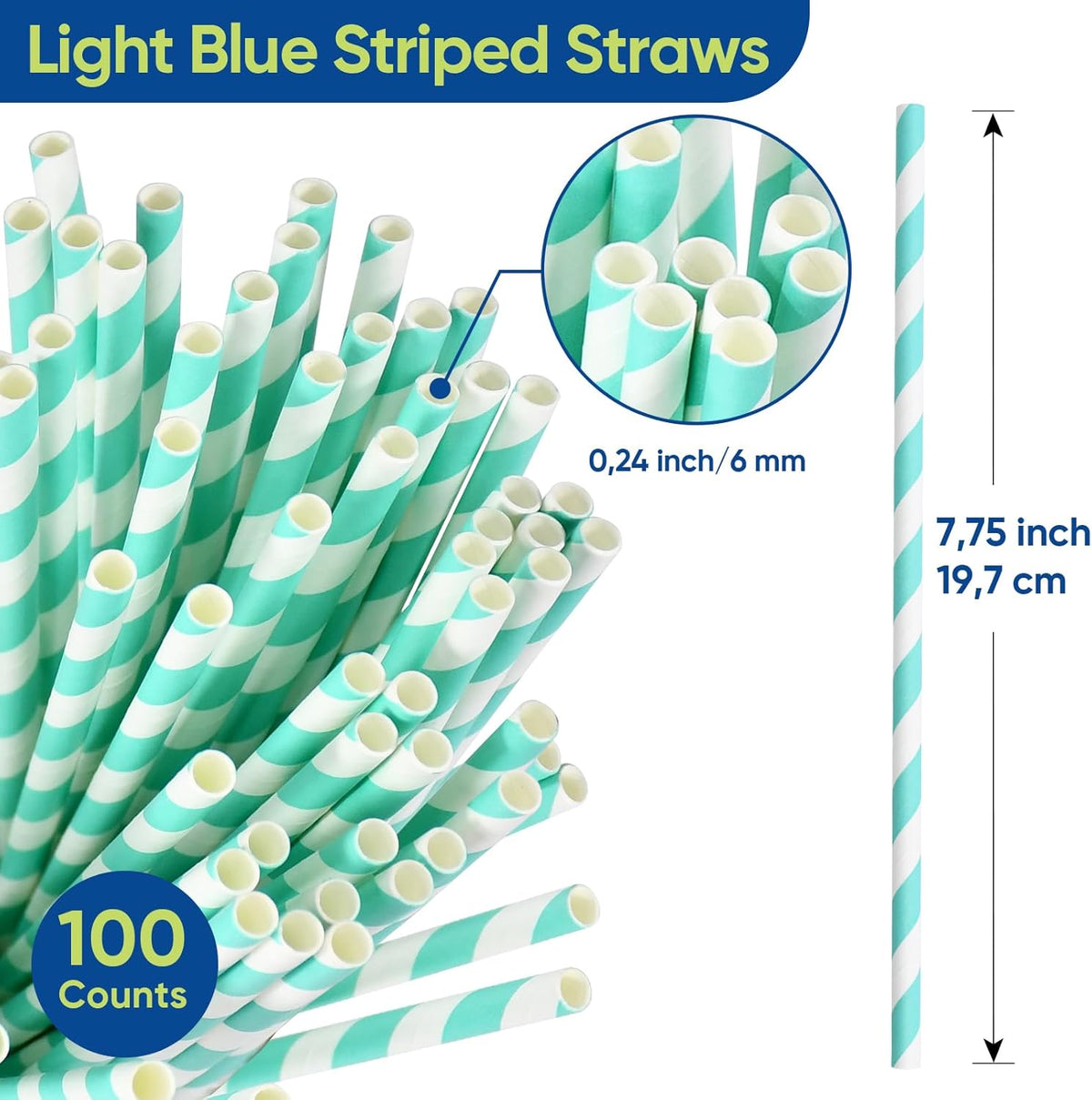 Light Blue 7.75 inch Disposable Paper Straws for Drinking, 100 Counts, Eco-friendly - for Baby