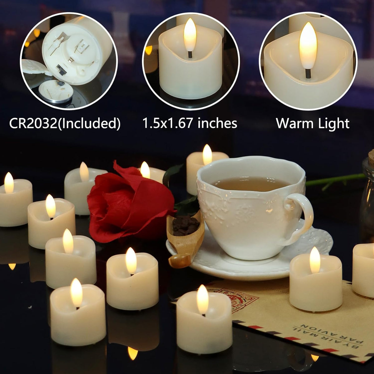 24 Pack Battery Operated Votive Candles 1.5 x 1.67 inches Flameless Votive Tealights Black Wick Tea