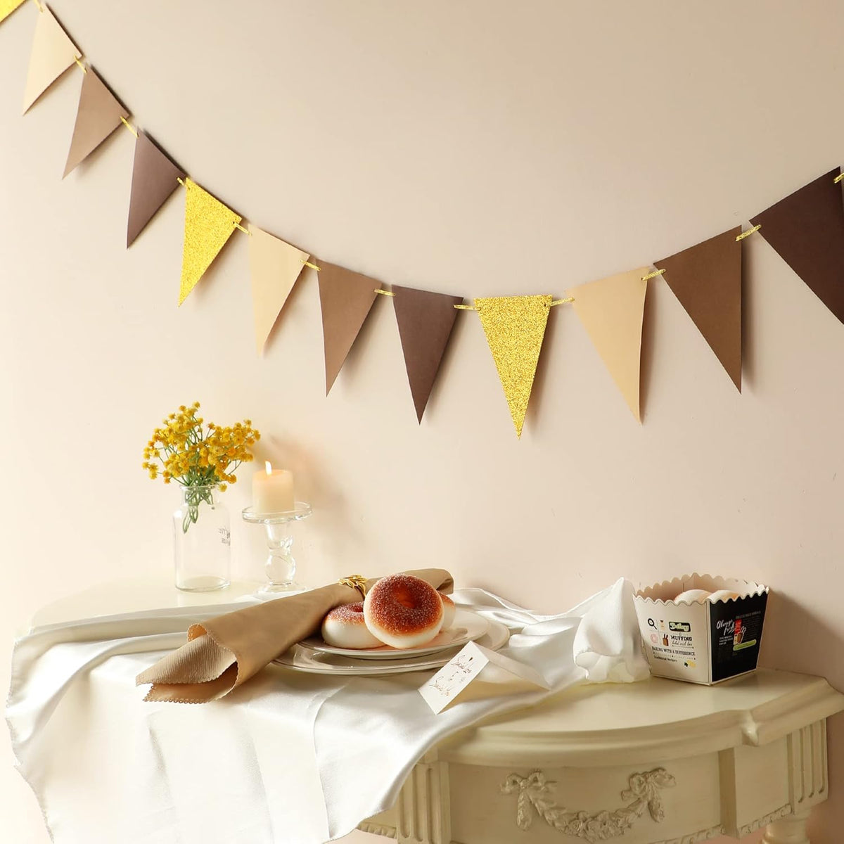 Fonder Mols Paper Pennant Party Decorations Coffee Brown Gold(10 Feet), Triangle Flags Bunting for
