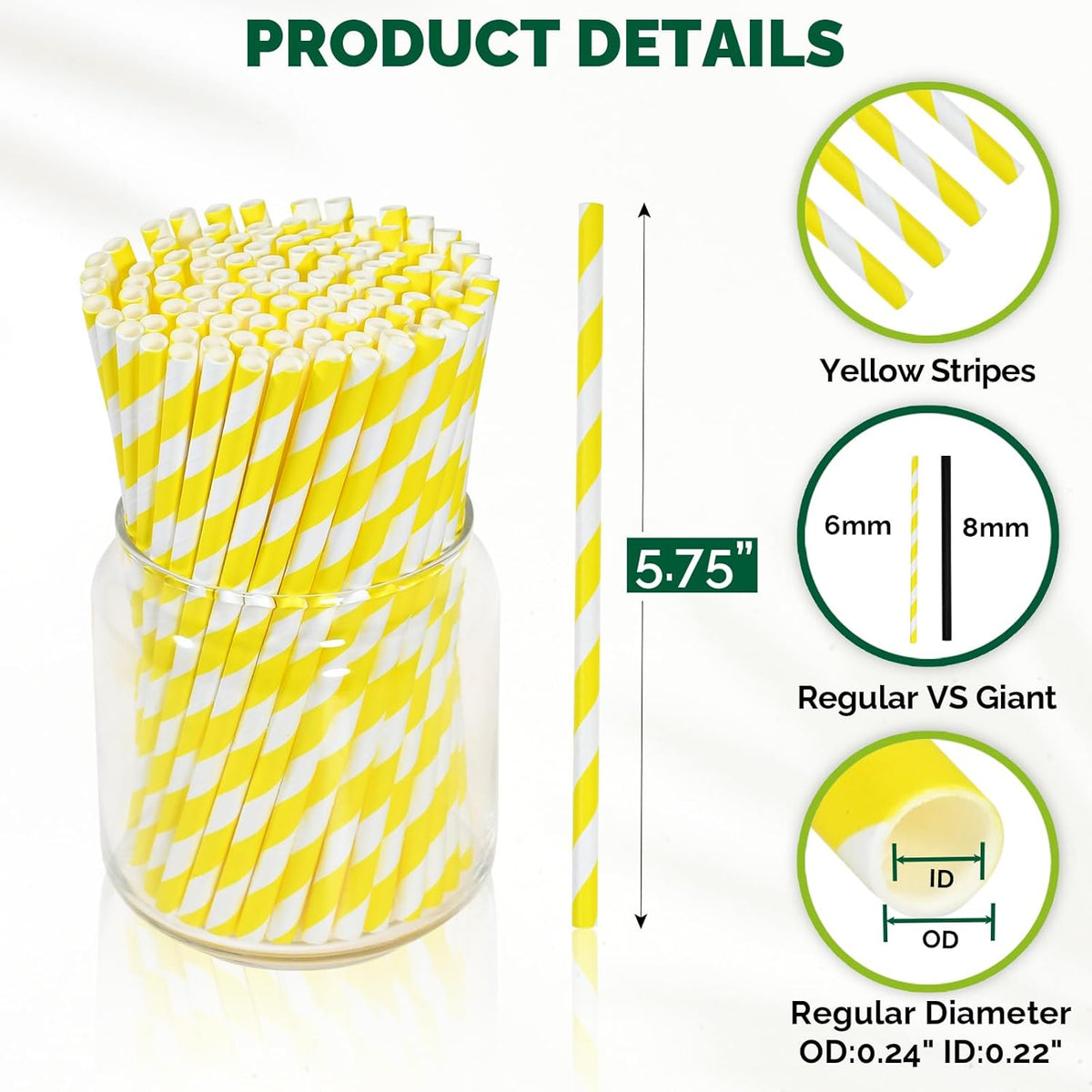 5.75 inch Short Yellow Paper Drinking Straws for Cocktail, Coffee, Mixed Drinks, 500 Counts