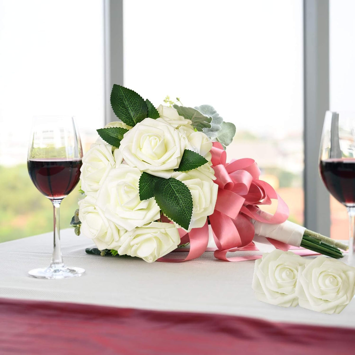 AmyHomie Artificial Flower Ivory Rose 25pcs Real Looking Fake Roses w/Stem for DIY Wedding Bouquets