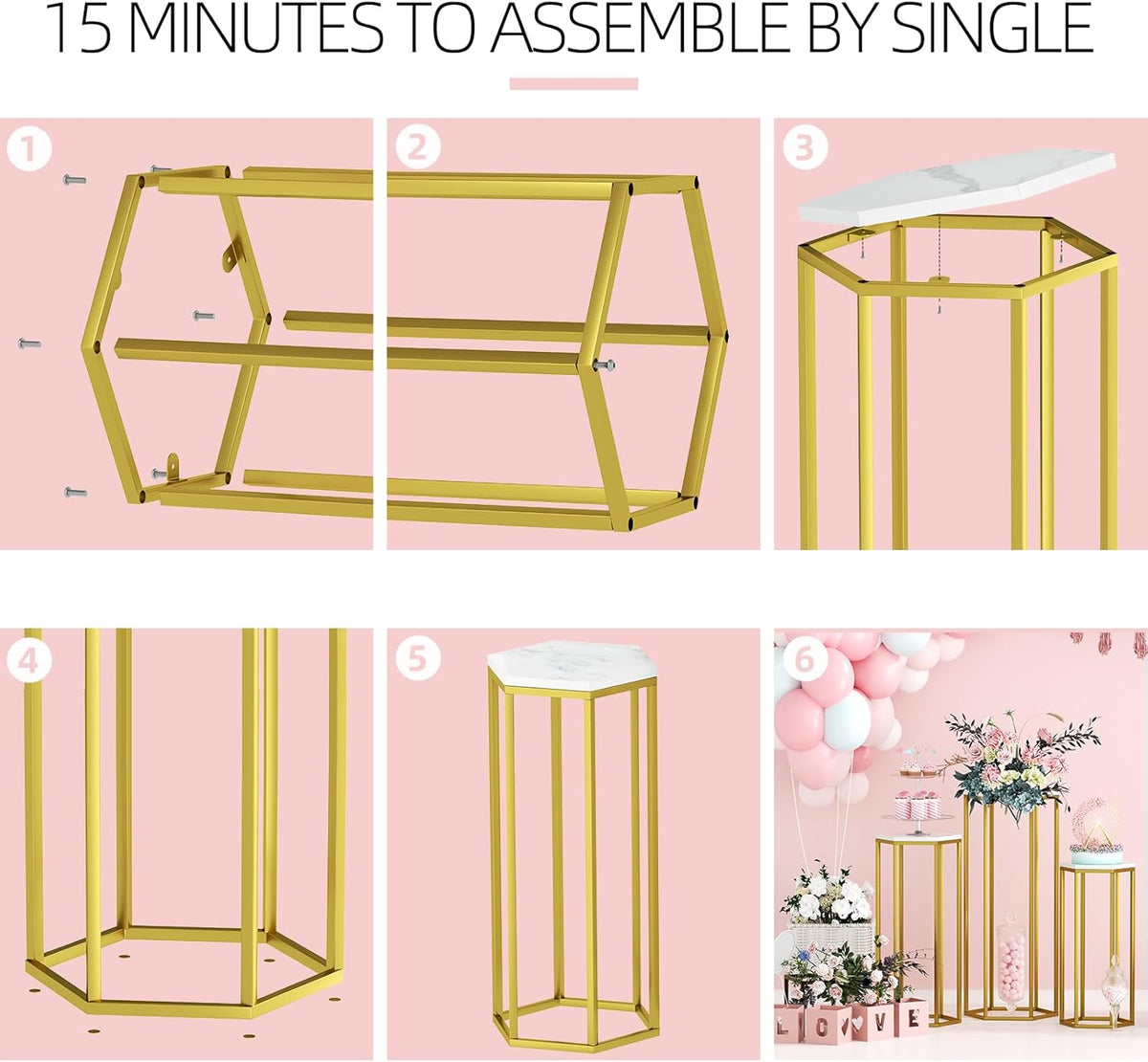 Urban Deco Cylinder Stands for Party, Set of 3 Gold Metal Hexagon Cake Pedestal Stand with Marbled