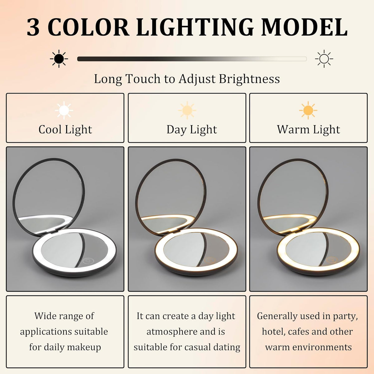 LanJo Lighted Compact Mirror with 1X/5X Magnification, Stepless Dimming & 3 Adjustable Light