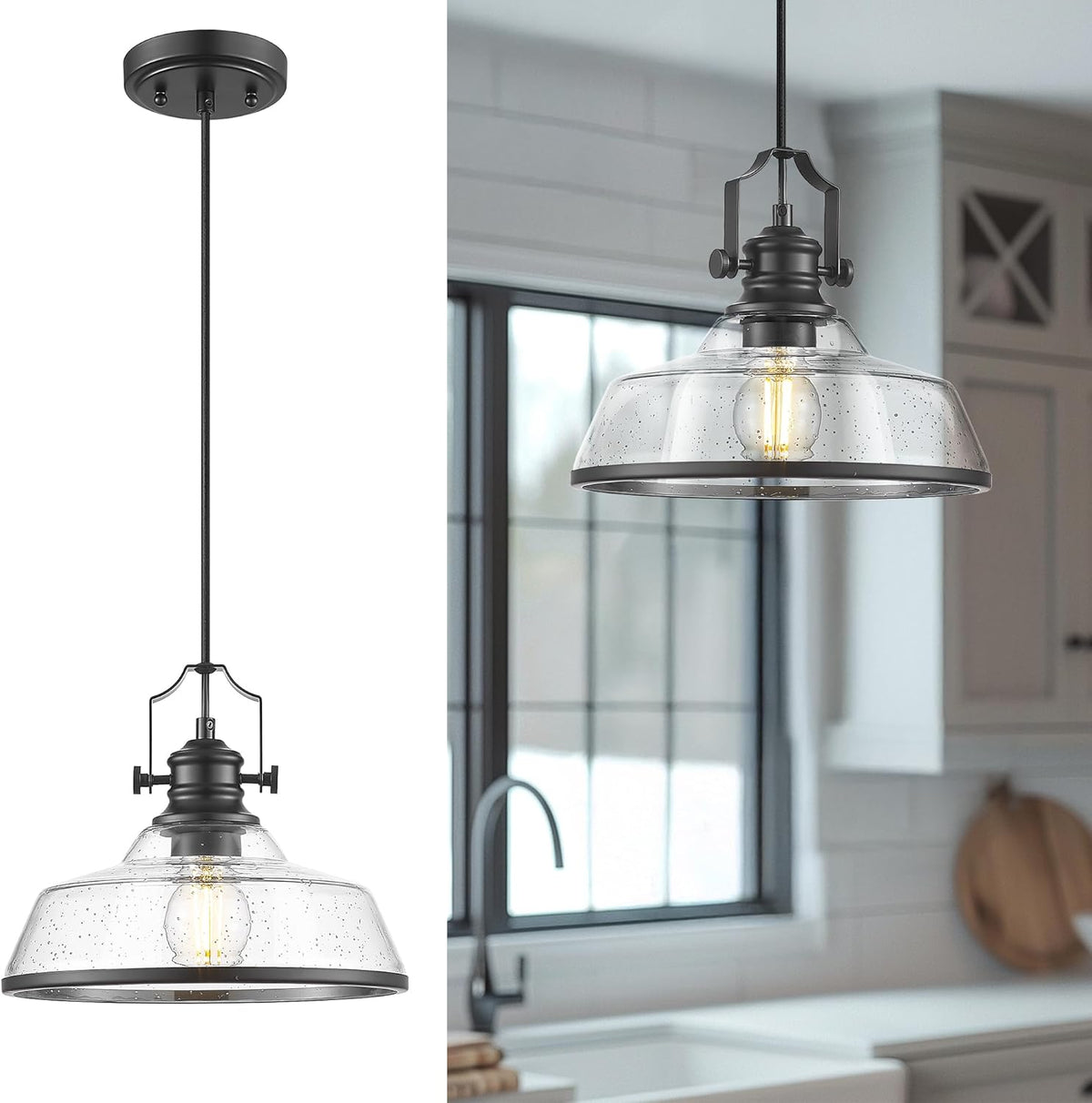 kudos Seeded Glass Pendant Light Kitchen Island, Adjustable Cord, Black Farmhouse Kitchen Light
