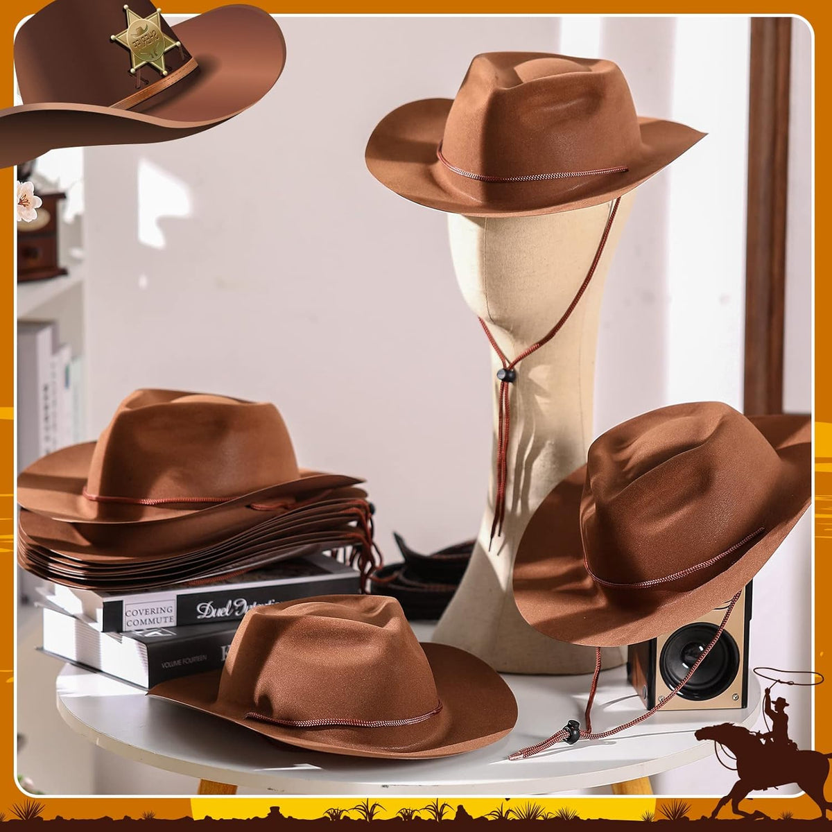 Mepase 24 Pieces Disposable Plastic Western Cowboy Hat Set Felt Wide Brimmed Cowgirl Hats for Men