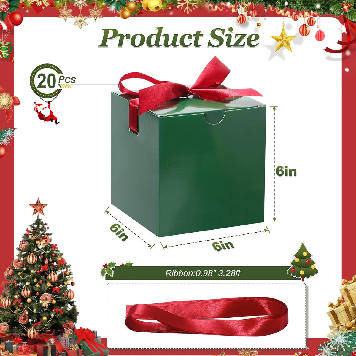 DOYIDE 20 Pack Small Gift Boxes, 6x6x6 Inch Green Elegant Paper Boxes with Ribbons, Christmas Gift