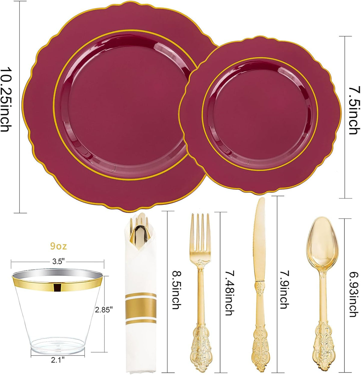 Liacere 350PCS Red Plastic Plates-Disposable Burgundy Red and Gold Plates 50guest Baroque Plastic