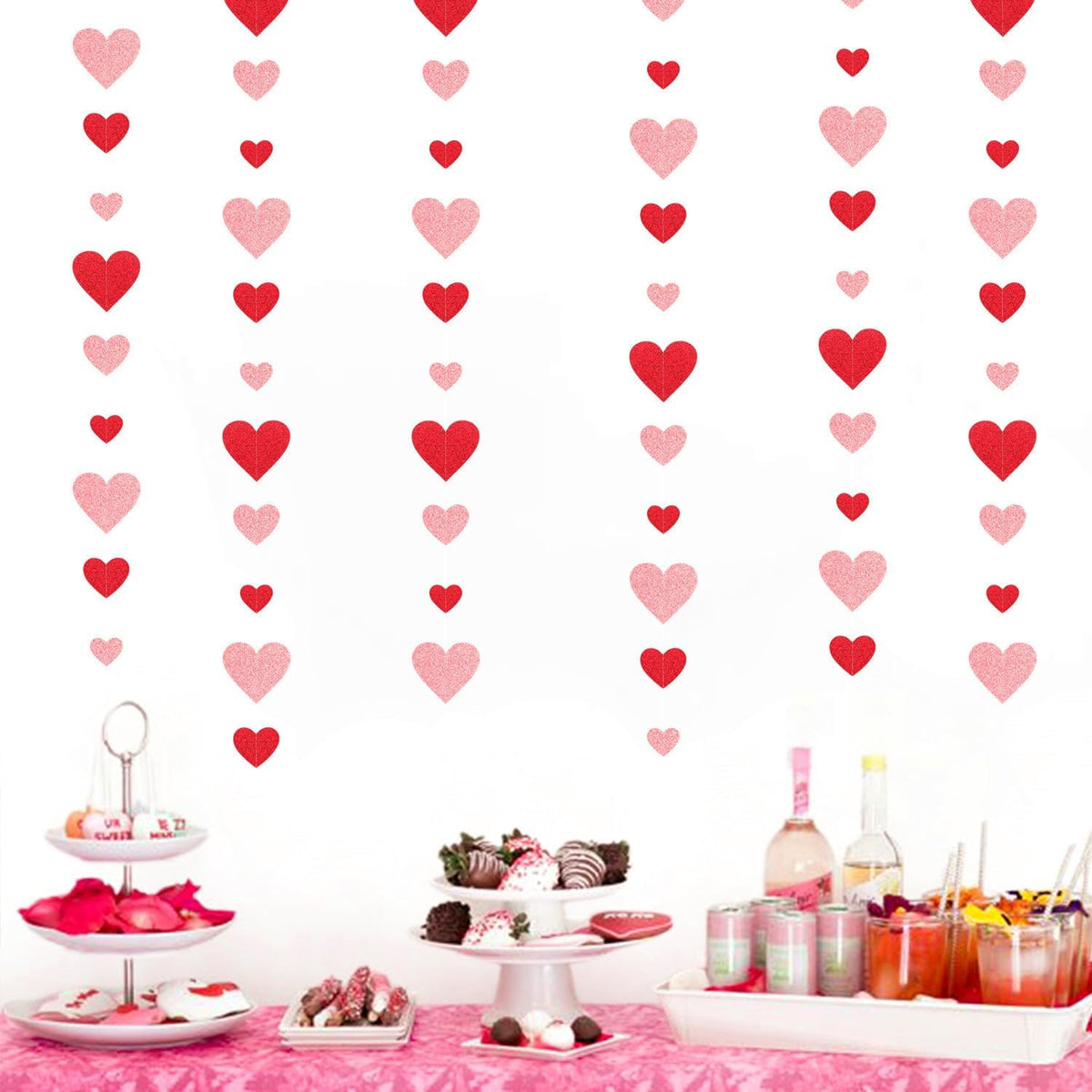 Red Pink Party-Decoration Heart Garland - 40ft Galentines Hanging Paper Streamers, Proposal