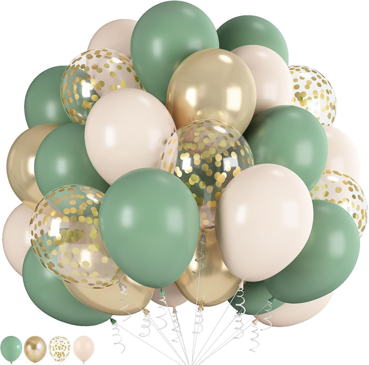 Sage Green Gold Balloons, 60 Pcs 12 Inch Olive Green White Balloons with Metallic Gold Confetti