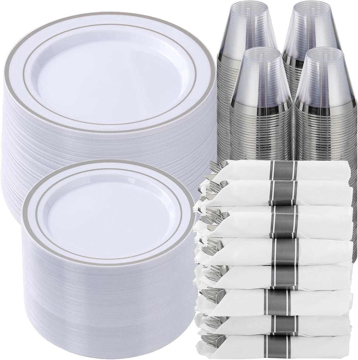Goodluck 700 Piece Silver Plastic Dinnerware Set for 100 Guests, Disposable Plates for Party