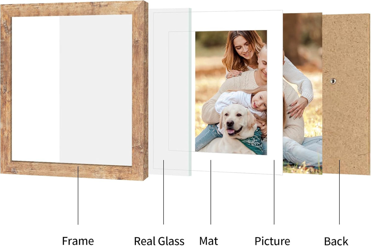 12x12 Picture Frame Set of 4 with Tempered Glass, Rustic Brown Frame Display 10x10 Pictures with