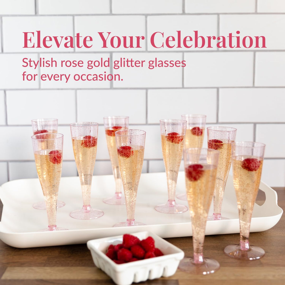 Prestee 24 Piece Plastic Champagne Flutes - 4.5 oz Plastic Wine Glasses with Rose Gold Glitter