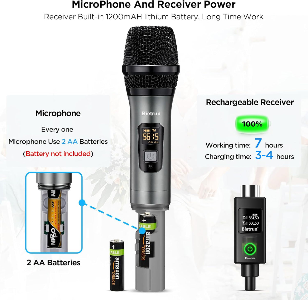 Bietrun XLR Wireless Microphone, UHF Dual Handheld Dynamic Metal Mic Set with Rechargeable