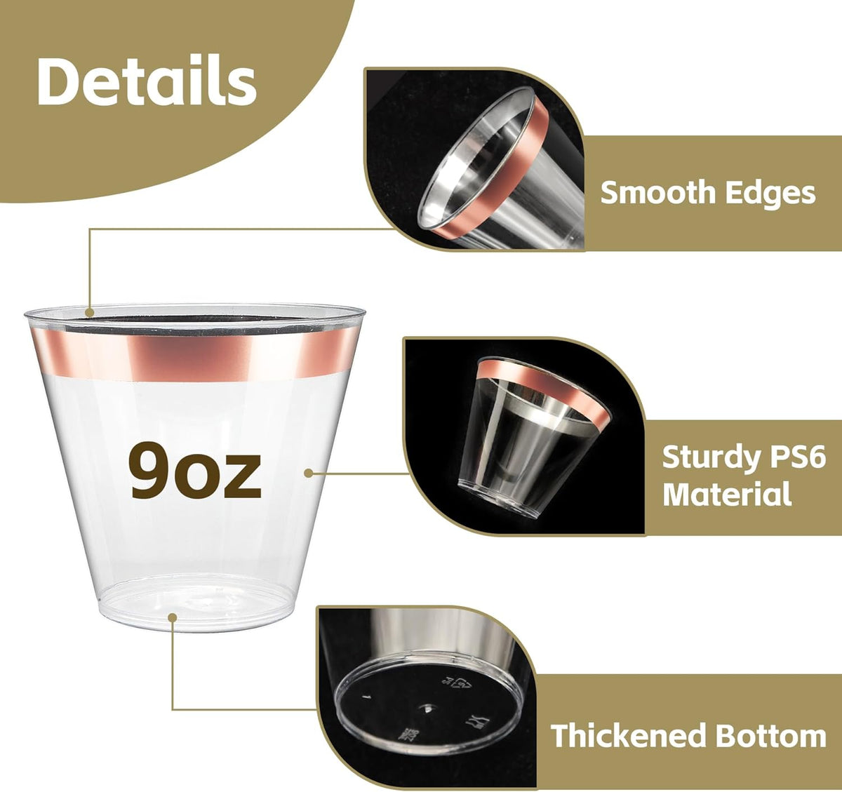 [200 Pack] 9oz Clear Plastic Cups with Rose Gold Rimmed Sturdy & Food Safe Disposable Wine Glasses