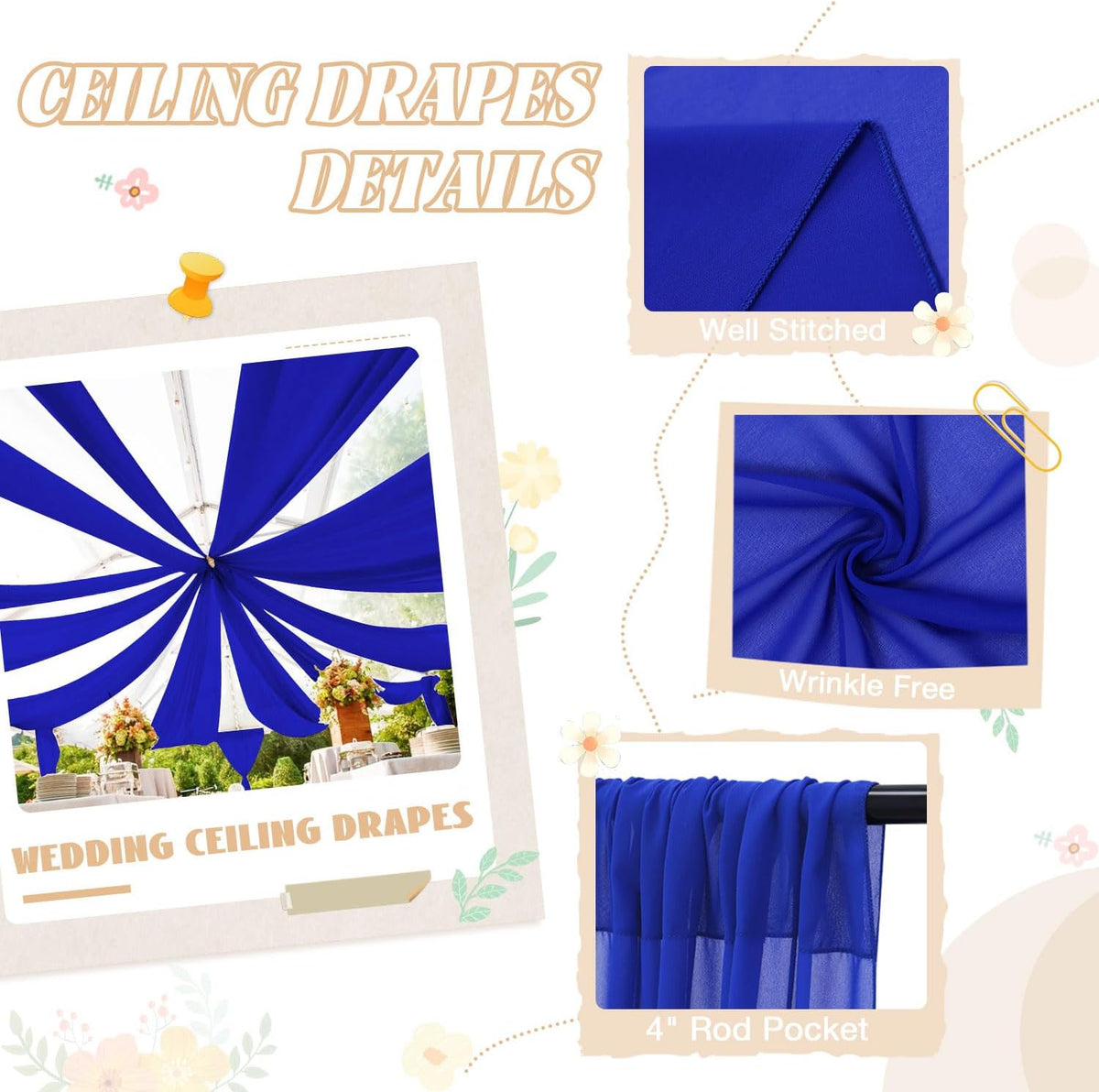 FUHSY Royal Blue Ceiling Drapes for Wedding Arch Draping Fabric Chiffon Wedding Drapery 4 Panels
