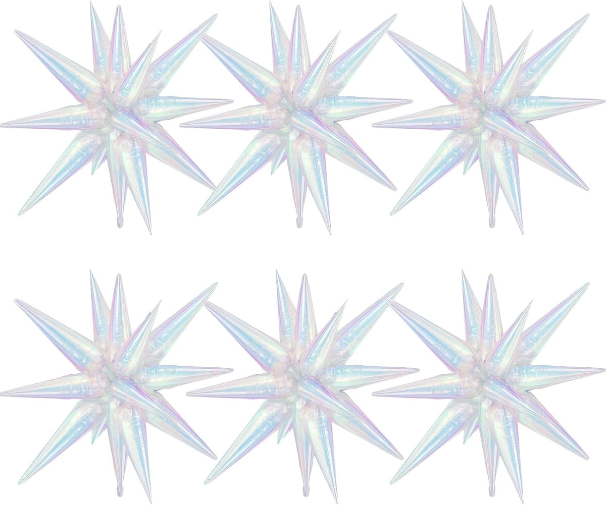 Iridescent Star Foil Balloons, 6Pcs 22in Explosion Star Balloon Large Holographic Spike Cone Clear
