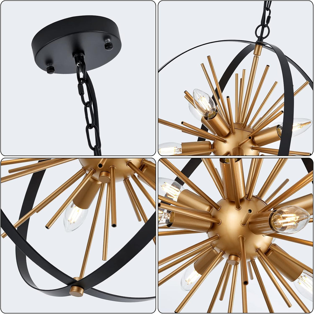 17.72'' Black Gold 8-Light Globe Sputnik Chandelier Modern Industrial Adjustable Hanging Ceiling