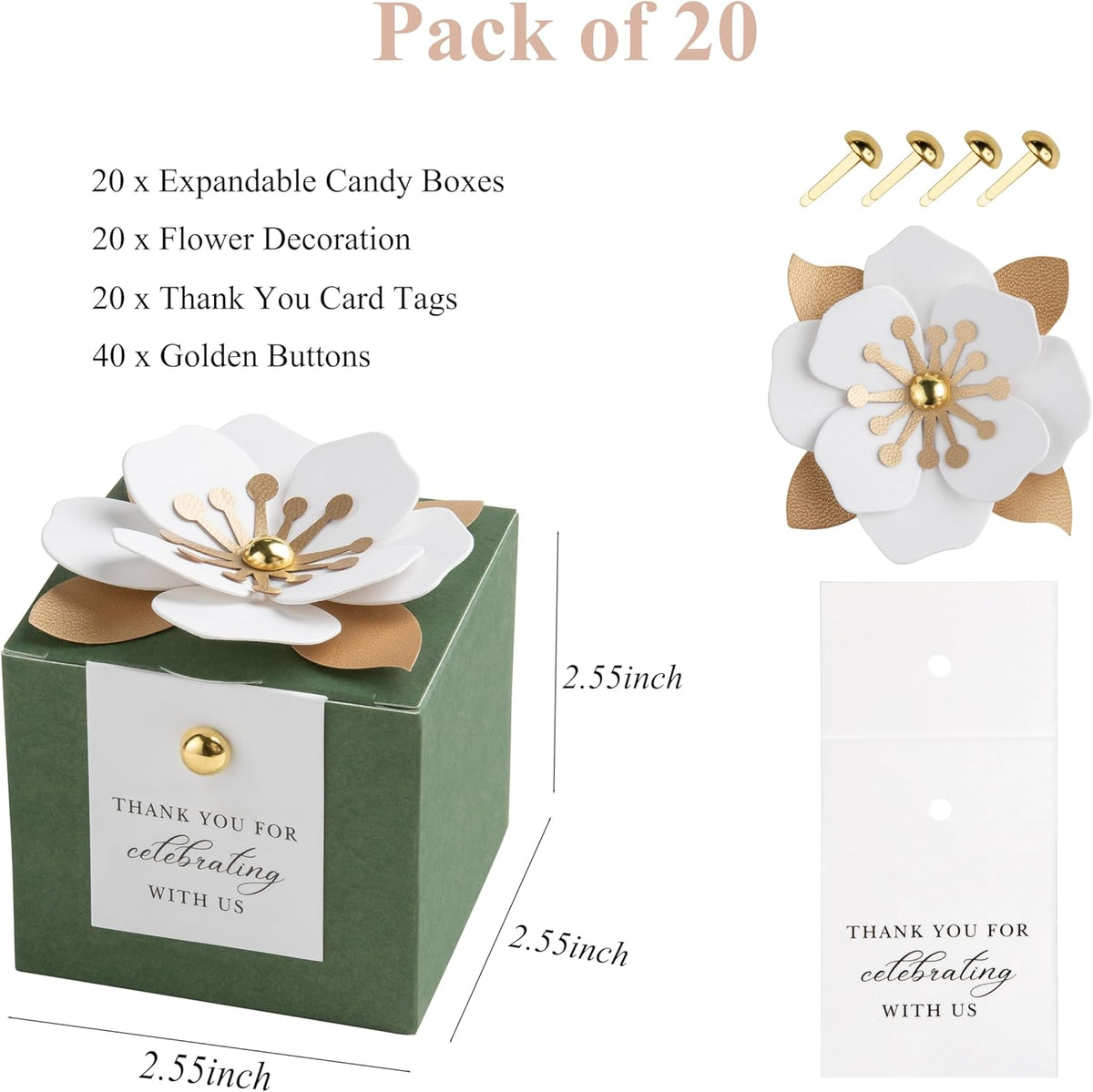 FEIYI 20 PCS Candy Boxes, 3 In 1 Olive Green Favor Boxes with Floral Decor, White Thank You Tags