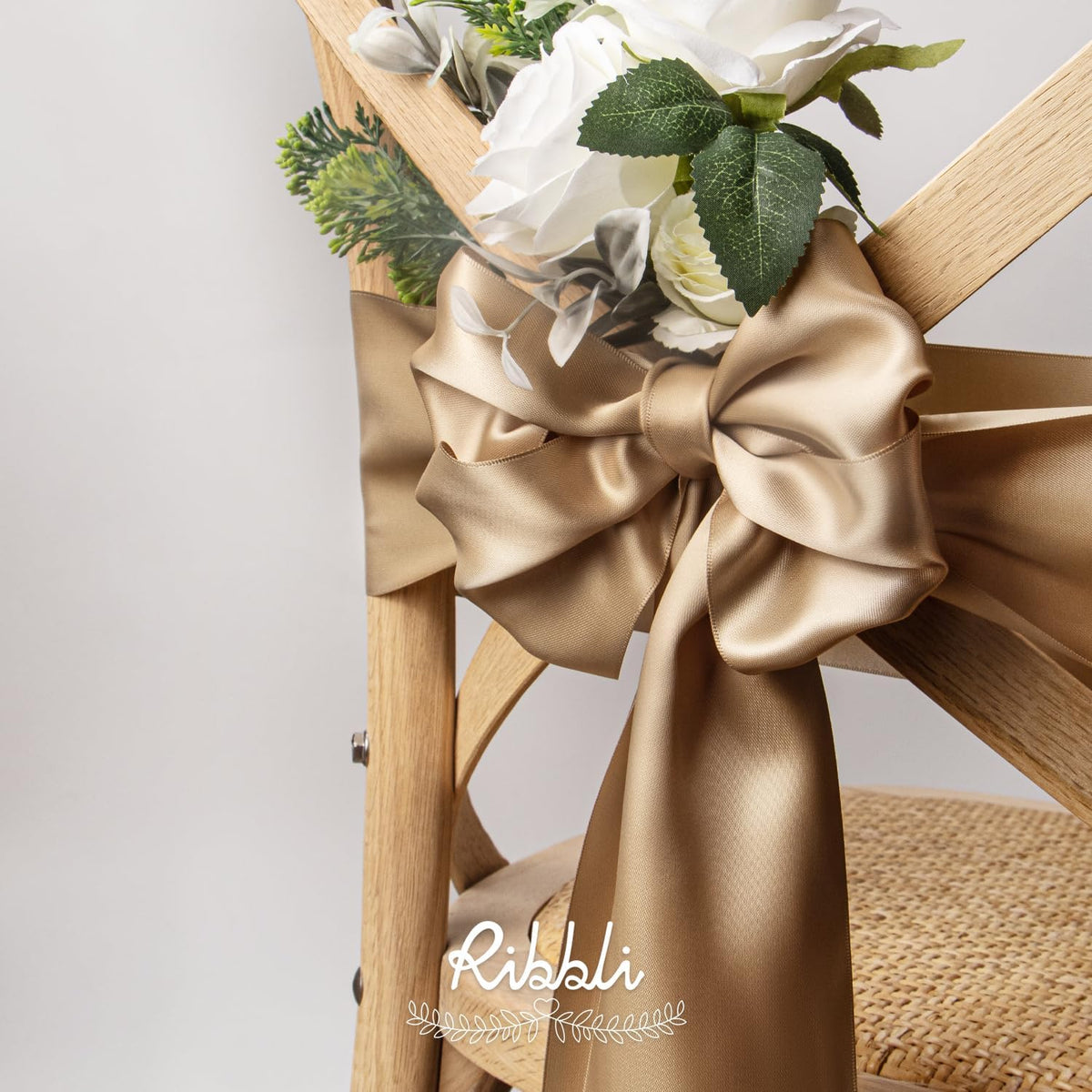 Ribbli Champagne Gold Satin Ribbon 4 Inch Wide Champagne Ribbon for Wedding Chair Sash Grand
